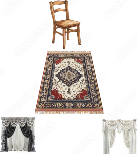 Set of Household furniture in color style, set of carpets and curtains