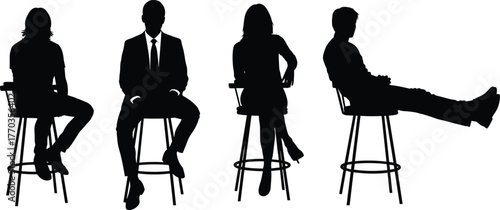 Silhouettes of seated individuals on high stools in varied postures, ideal for fashion, character design, body language, and vector art.