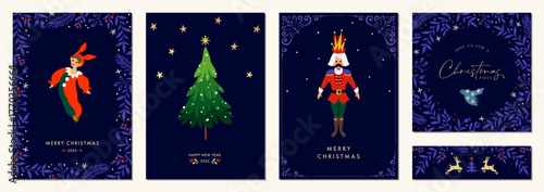 Christmas vector templates. Winter Holiday cards with decorative Christmas Tree, Nutcracker, Elf, Dove, reindeers, ornate floral background and frame with copy space and greetings.