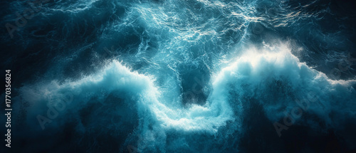 Waves in a rough sea, top view: will highlight articles on natural elements, sea voyages, ocean environmental issues, and climate change.