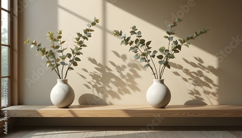 A minimalist indoor vignette with artificial eucalyptus stems in rough stone vases placed on a floating wooden ledge, background wall in muted sand tone, warm morning light with subtle shadow play, se