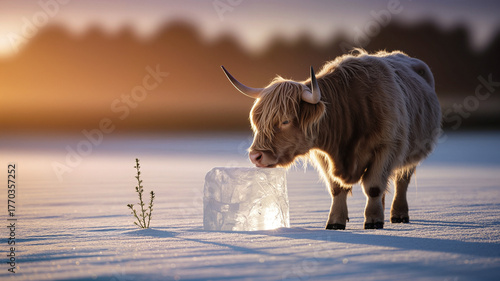 Highland cow drinking from ice block on snowy field at sunset  