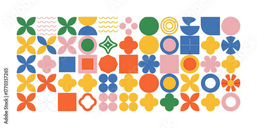 Geometric Shapes And Patterns In Blue Pink Yellow Green Orange On Black abstract graphic on Transparent Background Modern Minimal PNG Design Elements