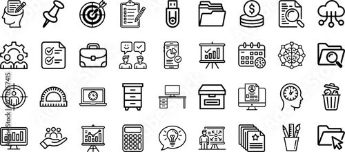 Business Management and Office Productivity Line Icon Pack. Strategy, Planning, Analytics, Teamwork, Time Management, Data Storage, and File Organization Vector Illustration