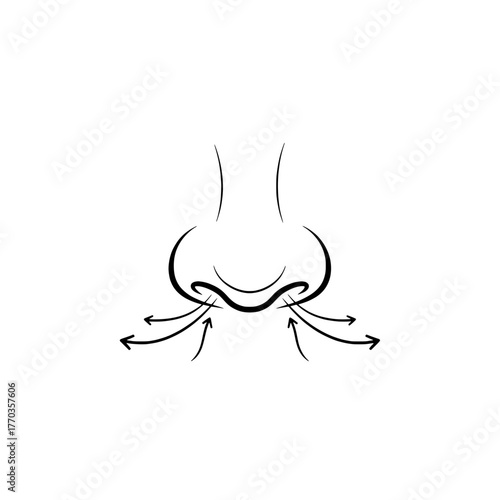 An illustration of a nose with arrows indicating airflow and breath in and out