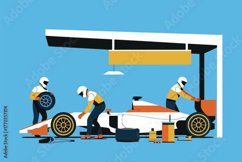 Motorsport Pit Stop Vector Illustration – Racing car and crew working in high-pressure conditions, capturing the energy, motion, and precision of professional auto racing events.