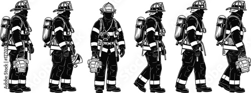 Firefighter Vector Set – Six Angled Views in Full Protective Gear with Helmet, Mask, and Breathing Apparatus for Emergency Themes