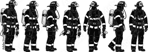 Firefighter Vector Set – Seven Views in Full Protective Gear with Helmet, Mask, and Breathing Apparatus for Emergency Design Themes