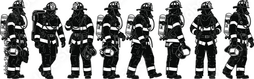 Firefighter Character Vector Set – Front, Side, and Back Views in Full Protective Gear with Helmet, Mask, and Breathing Apparatus