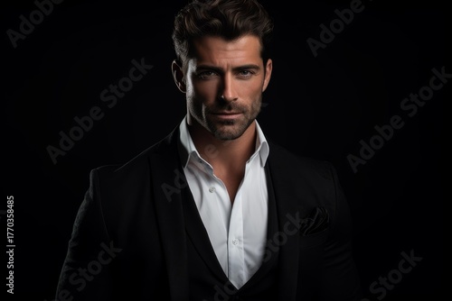 Studio portrait of elegant businessman wearing black suit and white shirt posing on dark background
