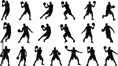 Basketball Silhouette Vector Set – 18 Dynamic Poses of Players Dribbling, Shooting, Passing, and Defending for Sports Design Themes