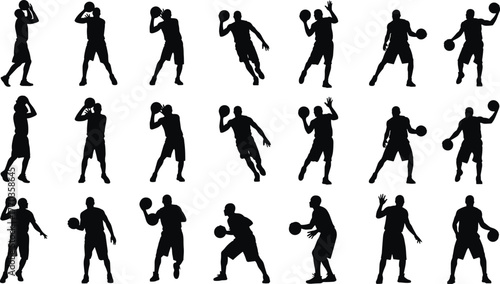Basketball Silhouette Vector Set – 20 Dynamic Player Poses Dribbling, Shooting, Passing, and Moving for Sports Design and Training Themes
