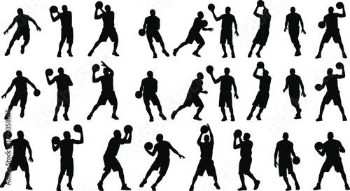 Basketball Silhouette Vector Set – Dynamic Player Poses Dribbling, Shooting, Passing, and Moving for Sports Design and Training Themes