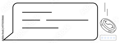 Speech bubble with text lines, coin symbolizing reward, and rating stars at the bottom. Ideal for feedback, review systems, rewards, user engagement, surveys gamification digital marketing. Simple