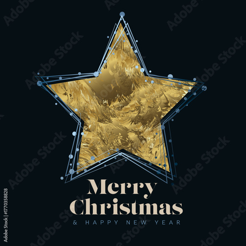 Elegant Merry Christmas and Happy New Year card with a shimmering golden star. This festive golden star card is perfect for holiday greetings and seasonal well wishes.