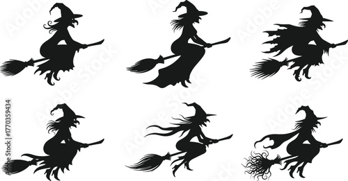 Silhouette Witches Flying on Broomsticks – Halloween Vector Set Featuring Magical Women in Motion with Hats, Capes, and Spooky Style