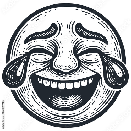 A laughing emoji with tears of joy. Funny round face in a detailed vintage woodcut or engraving style. Monochrome vector illustration for memes or print.