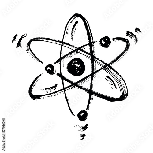 Hand drawn atom sign Molecule clipart in doodle style Single element for print, web, design, decor Symbol of science, education, nuclear energy, scientific research, molecular chemistry