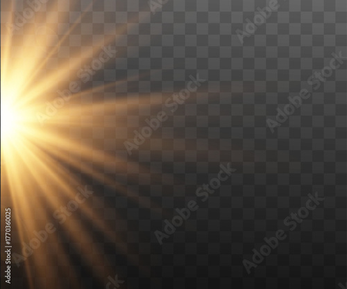 Simple golden sun positioned on the left side of a dark transparent checkered background. The composition features clear, soft sun rays in a warm golden tone without any additional glow, reflections, 