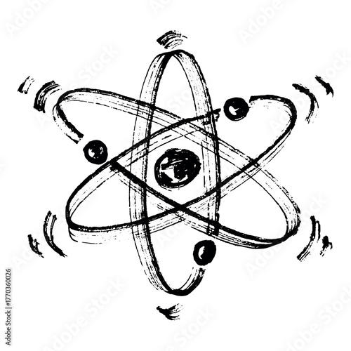 Hand drawn atom sign Molecule clipart in doodle style Single element for print, web, design, decor Symbol of science, education, nuclear energy, scientific research, molecular chemistry