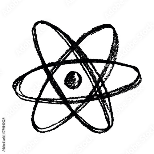 Hand drawn atom sign Molecule clipart in doodle style Single element for print, web, design, decor Symbol of science, education, nuclear energy, scientific research, molecular chemistry