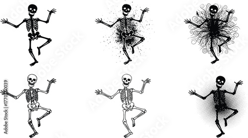 Dancing skeleton character bundle with artistic effects, Halloween spooky vector set featuring stylized poses and creative undead illustration styles