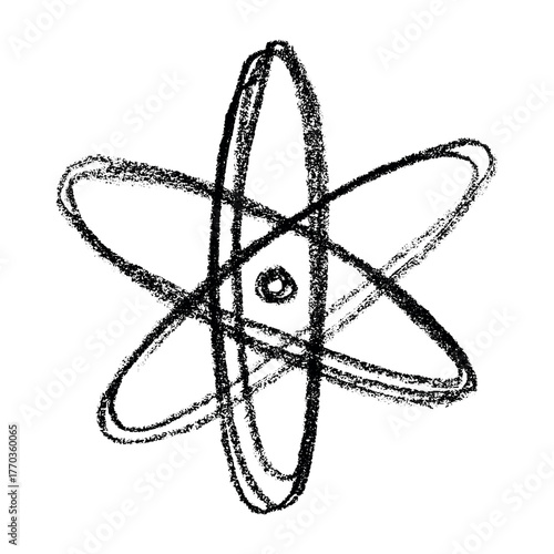 Hand drawn atom sign Molecule clipart in doodle style Single element for print, web, design, decor Symbol of science, education, nuclear energy, scientific research, molecular chemistry