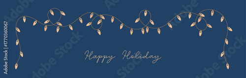 Glowing holiday lightbulb garland string. Golden Christmas, New Year light festoon border for card, banner, poster. Vector festive festoon