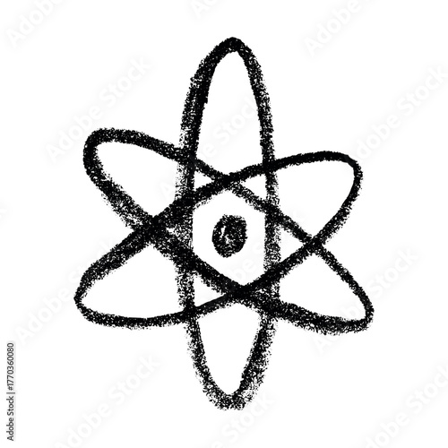 Hand drawn atom sign Molecule clipart in doodle style Single element for print, web, design, decor Symbol of science, education, nuclear energy, scientific research, molecular chemistry