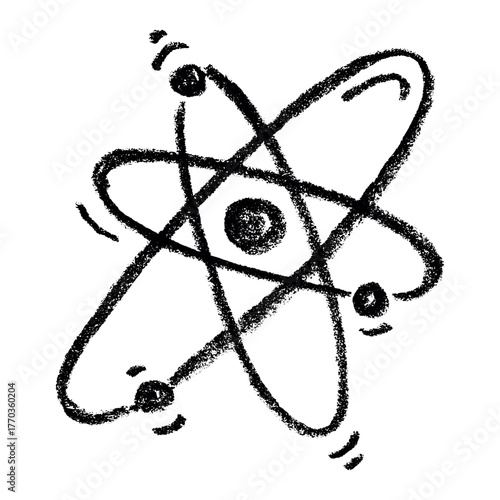 Hand drawn atom sign Molecule clipart in doodle style Single element for print, web, design, decor Symbol of science, education, nuclear energy, scientific research, molecular chemistry