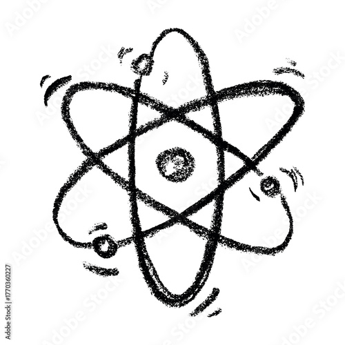 Hand drawn atom sign Molecule clipart in doodle style Single element for print, web, design, decor Symbol of science, education, nuclear energy, scientific research, molecular chemistry