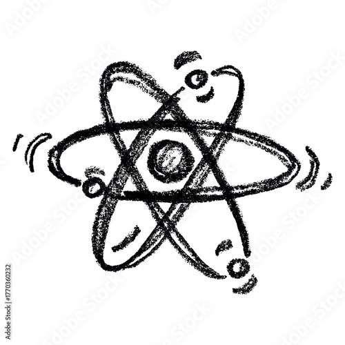 Hand drawn atom sign Molecule clipart in doodle style Single element for print, web, design, decor Symbol of science, education, nuclear energy, scientific research, molecular chemistry