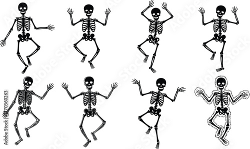 Dancing skeleton character bundle in cartoon poses, Halloween spooky vector set with animated movement for festive undead illustration themes