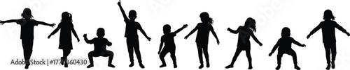 Silhouette of children playing together, happy kids, childhood fun, outdoor activity, friendship, freedom, motion, joyful expression, active lifestyle illustration