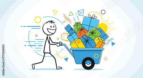 Happy stickman delivers a huge load of festive gifts in a blue wheelbarrow, symbolizing generosity and special occasions.