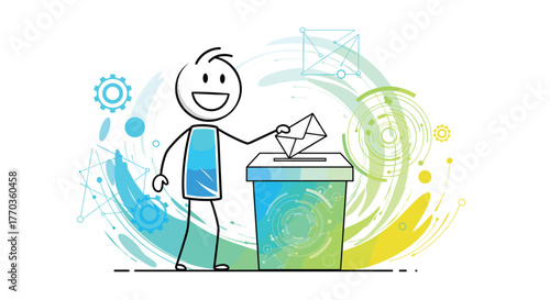 Stickman participates in a democratic process, placing a ballot into a voting box surrounded by colorful, abstract technology graphics.