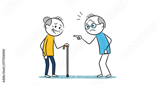 An elderly man appears angry and points accusatorily at a smiling elderly woman who is holding a walking stick.