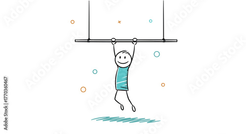 Happy stick figure character hanging from a horizontal bar, symbolizing effort, strength, and playful determination.