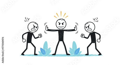 A stick figure mediator intervenes to stop two angry individuals from fighting, symbolizing conflict resolution and peace.