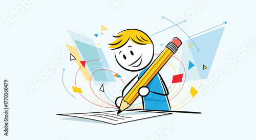 A cheerful stick figure writes on paper with a big yellow pencil, surrounded by abstract, colorful geometric shapes and lines.