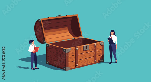 Two businesswomen with clipboards stand beside an open, empty treasure chest, appearing to evaluate its contents or potential in a conceptual image.