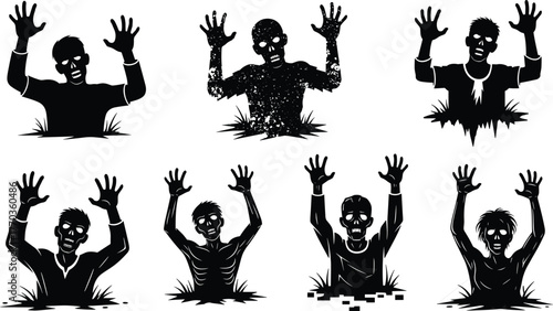 Zombie silhouette bundle rising from ground with creepy poses, Halloween horror vector set for spooky undead character illustration themes