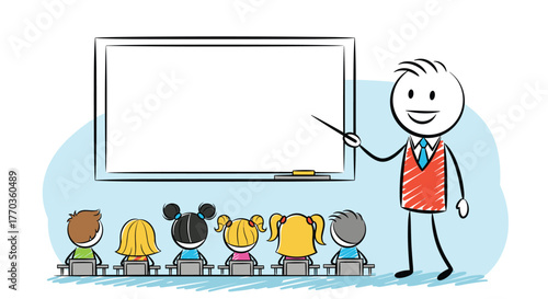 A happy stick figure teacher points to a whiteboard in a classroom while a group of diverse stick figure children sit at their desks and learn.