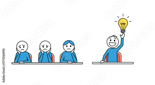 A smiling person with a lightbulb idea raises a hand, contrasting with three bored and uninspired individuals.
