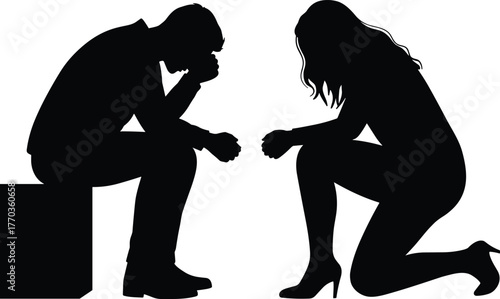 Silhouette of man and woman sitting and kneeling in emotional conversation, relationship stress, sadness, communication, vector illustration design