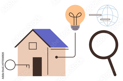 House with key, magnifying glass, lightbulb, and globe linking abstract ideas of innovation, property search, online connectivity. Ideal for real estate, innovation, research technology networking