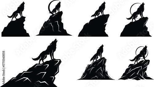Howling wolf silhouette set on cliff with moon, dramatic wildlife vector bundle, night animal pose variations for stock illustration