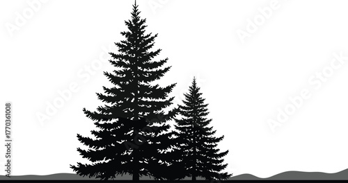 Silhouette of pine trees on hill, forest landscape illustration, evergreen nature scene, outdoor wilderness background, natural environment vector design, scenery art
