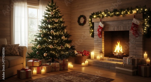 Cozy christmas living room with decorated tree and fireplace scene