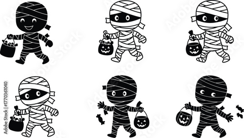Cartoon Mummy Characters with Candy Buckets – Black and White Vector Illustrations for Halloween, Trick-or-Treat, Costume, and Spooky Themes